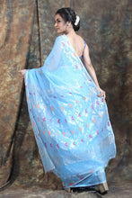 Load image into Gallery viewer, Arctic Blue Weaving Jamdani Saree with Floral Pallu