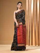 Load image into Gallery viewer, Black Cotton Handwoven Saree With Floral Designs
