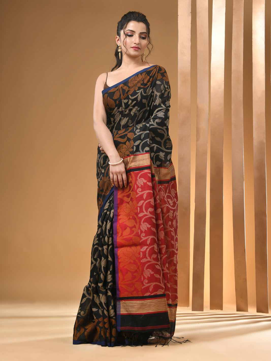 Black Cotton Handwoven Saree With Floral Designs