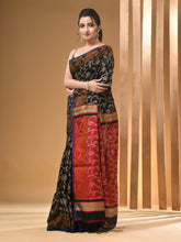 Load image into Gallery viewer, Black Cotton Blend Handwoven Saree With Floral Designs
