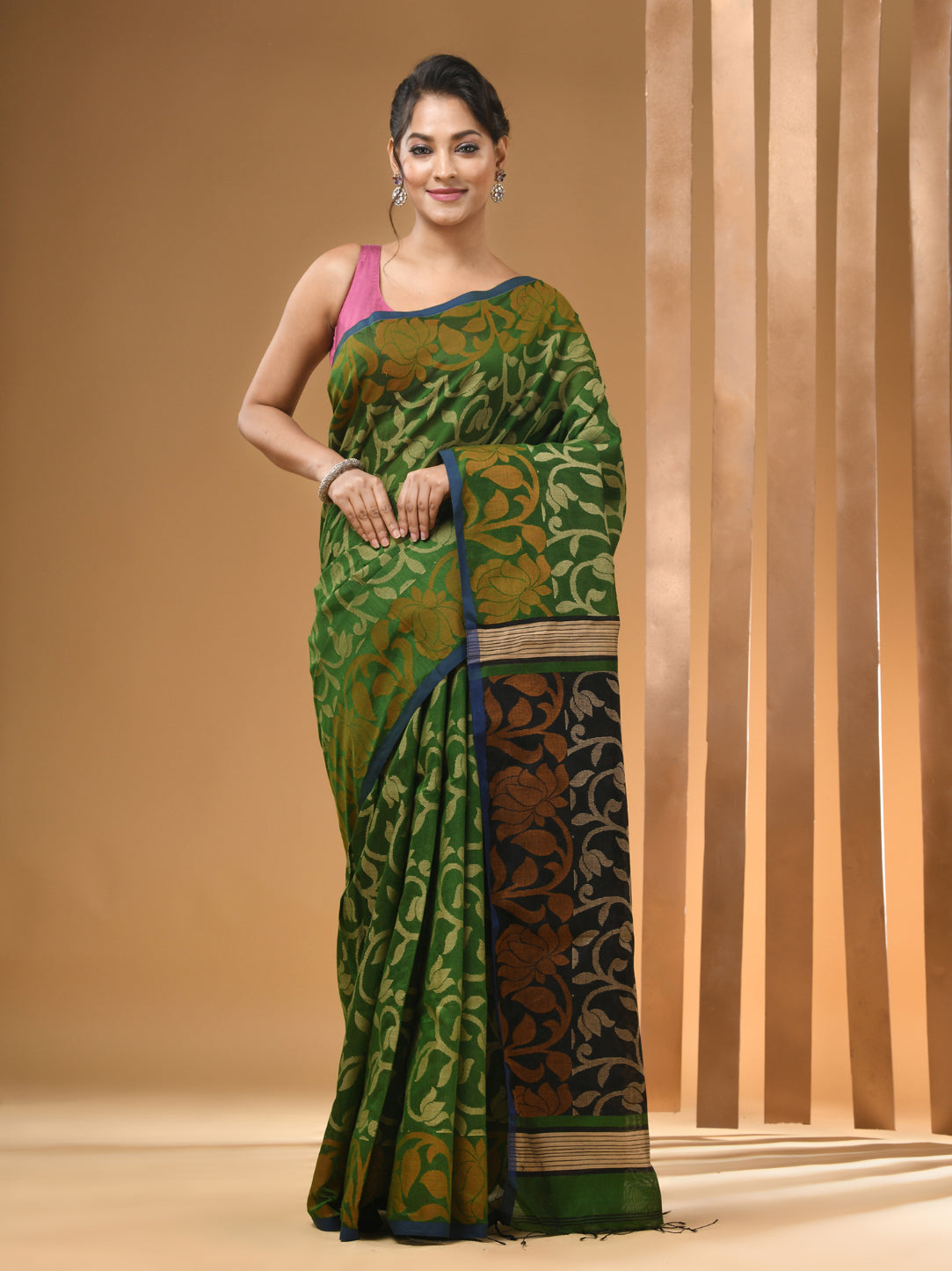 Green Cotton Handwoven Saree With Floral Designs