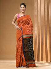 Load image into Gallery viewer, Orange Cotton Blend Handwoven Saree With Floral Designs
