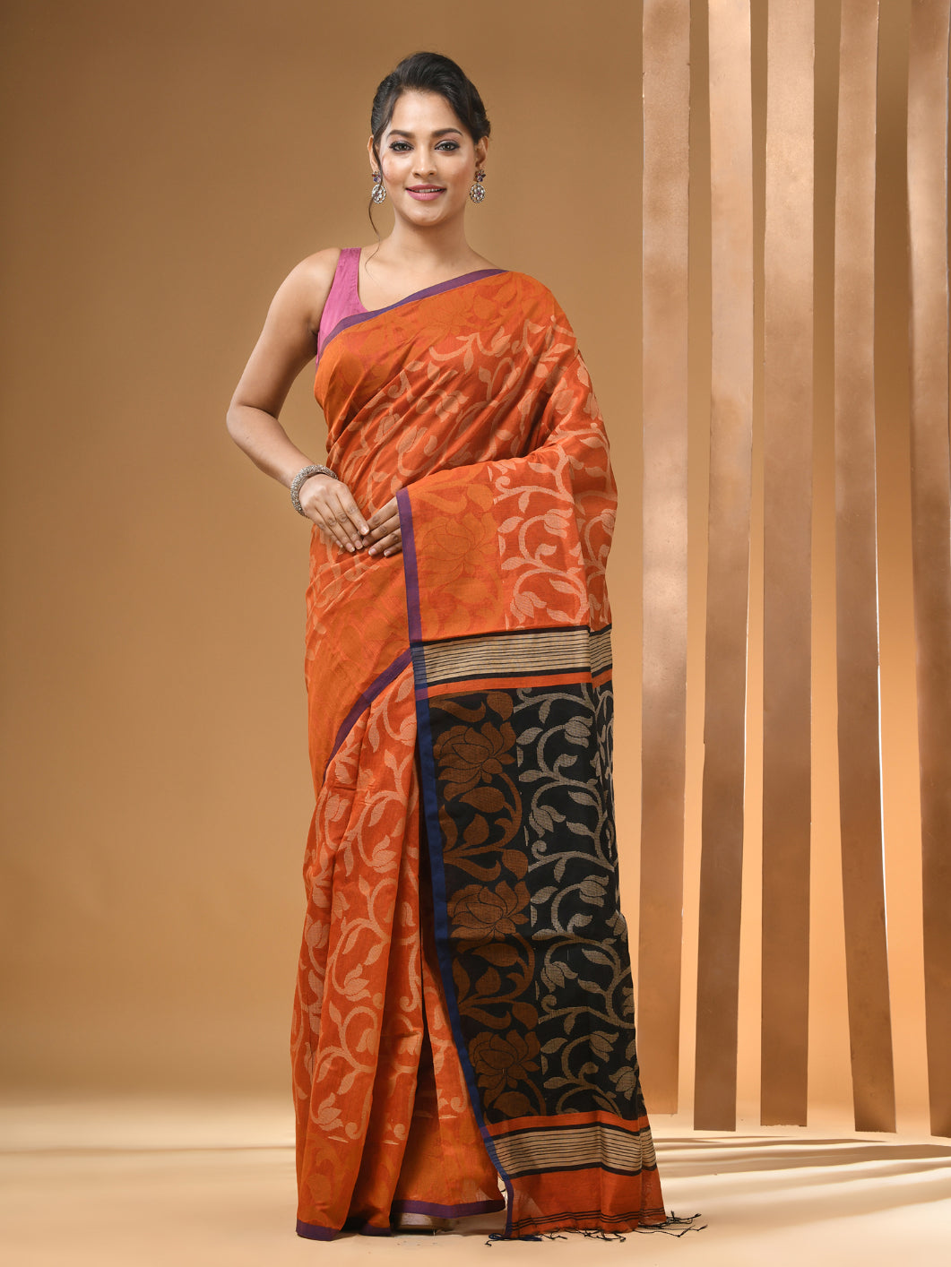 Orange Cotton Blend Handwoven Saree With Floral Designs