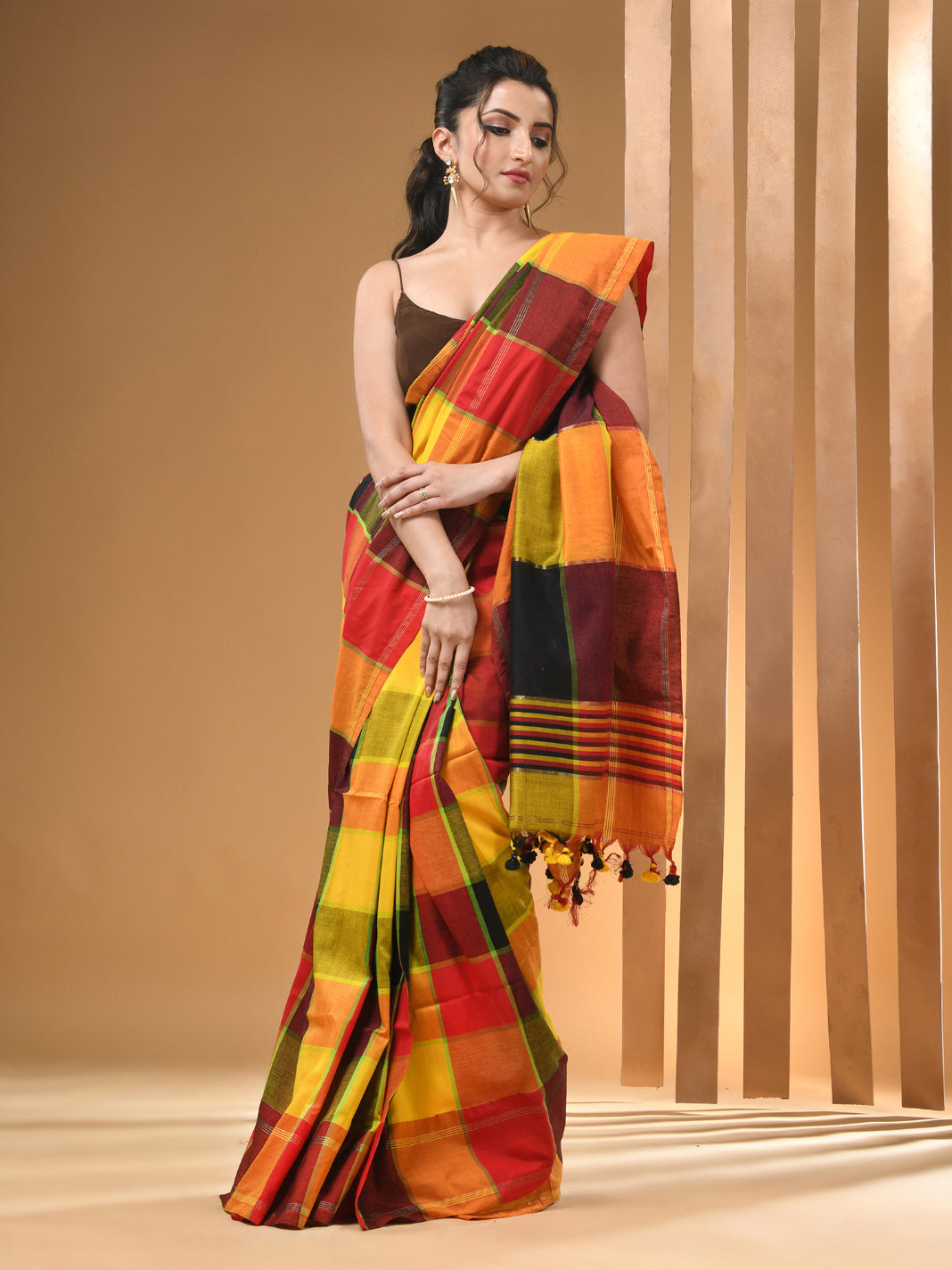 Multicolour Cotton Blend Handwoven Saree With Check Box Pattern