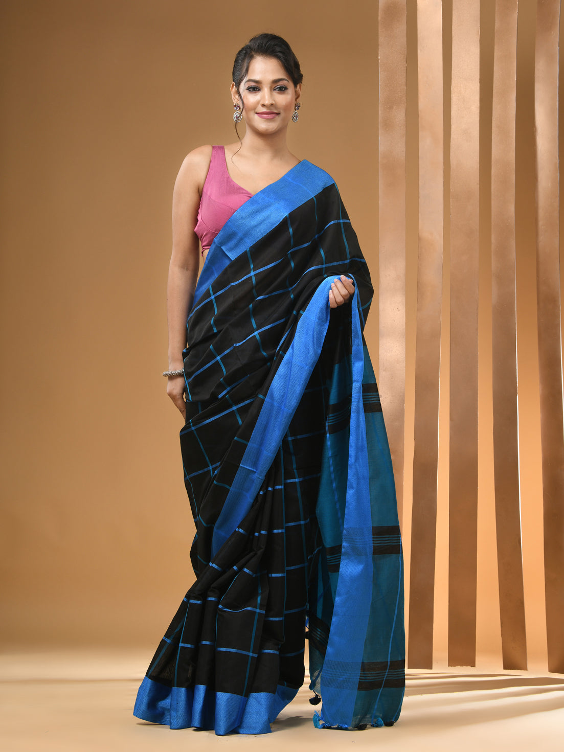 Black And Sky Blue Cotton Blend Handwoven Saree With Check Box Pattern