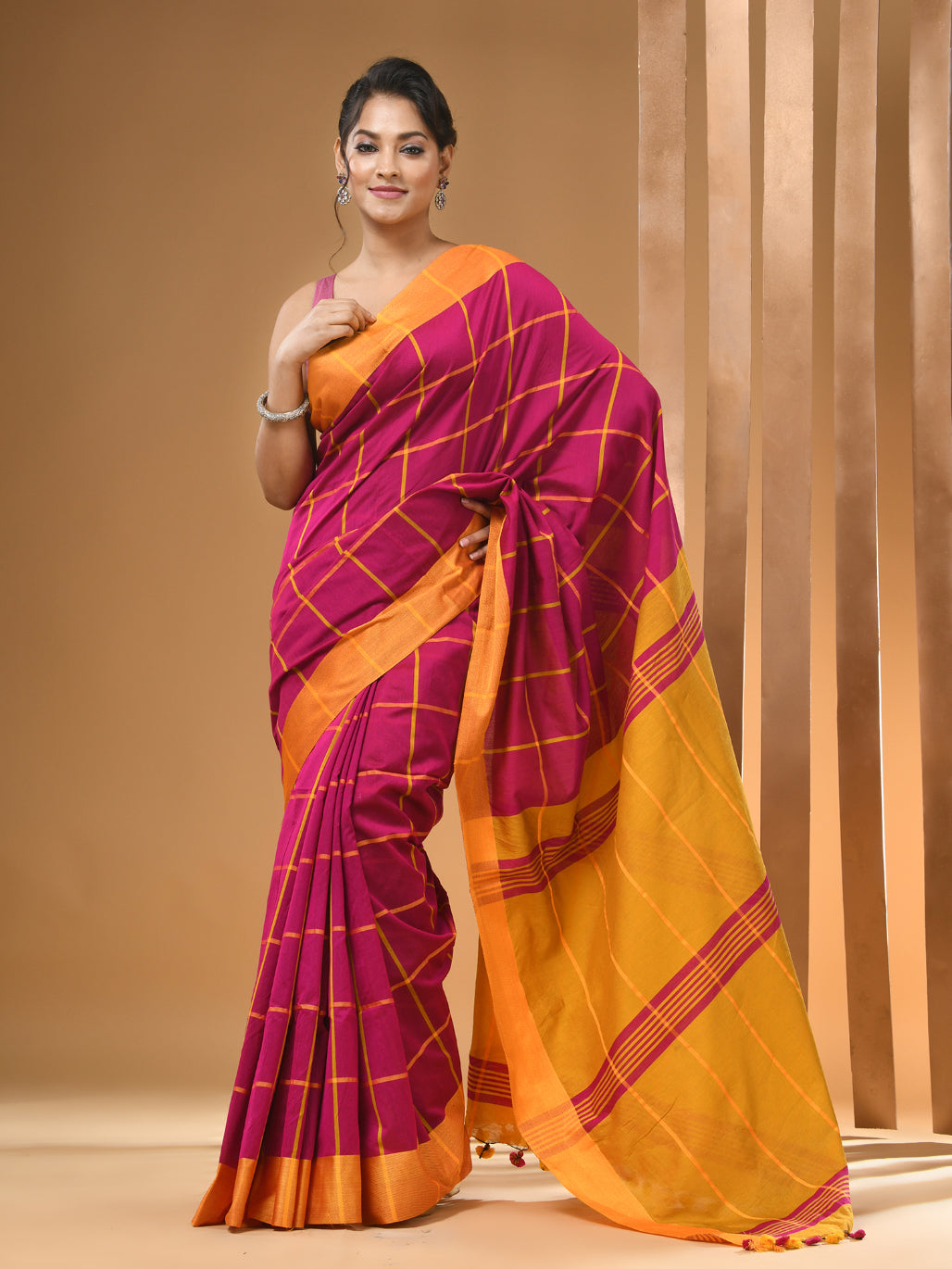 Pink And Yellow Cotton Handwoven Saree With Check Box Pattern