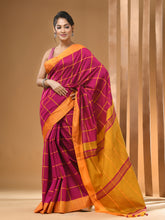 Load image into Gallery viewer, Pink And Yellow Cotton Handwoven Saree With Check Box Pattern

