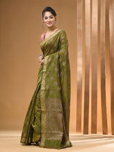 Load image into Gallery viewer, Moss Green Blended Silk Handwoven Saree With Zari Border
