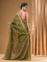 Load image into Gallery viewer, Moss Green Silk Handwoven Saree With Zari Border
