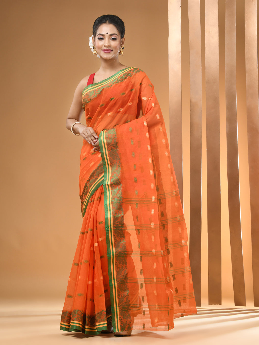 Orange Pure Cotton Tant Saree With Woven Designs