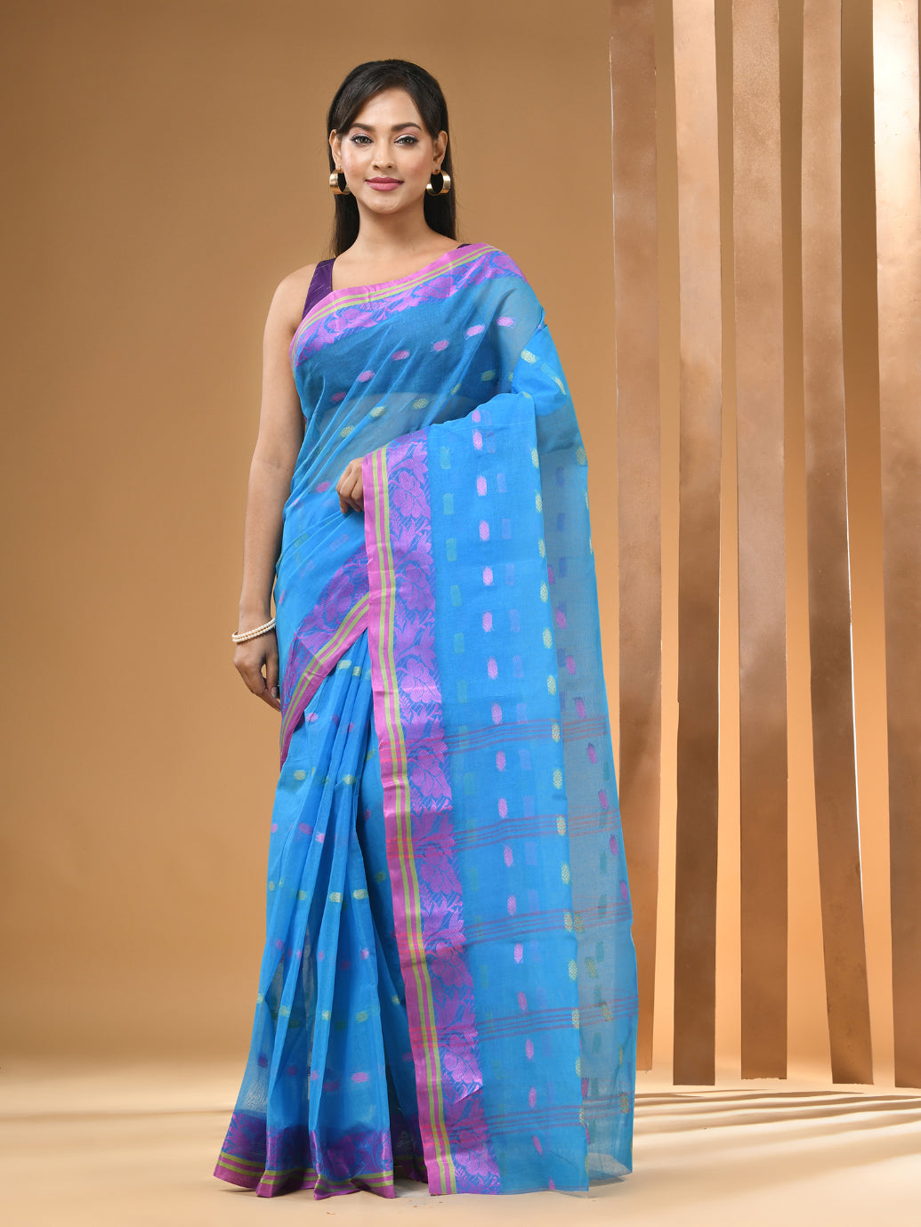 Sky Blue Pure Cotton Tant Saree With Woven Designs