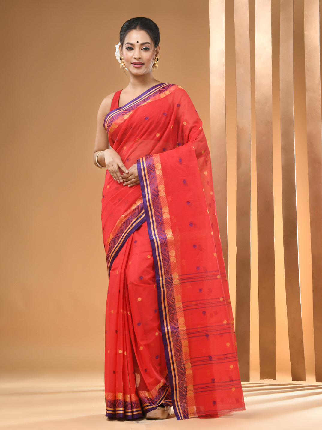 Red Pure Cotton Tant Saree With Woven Designs