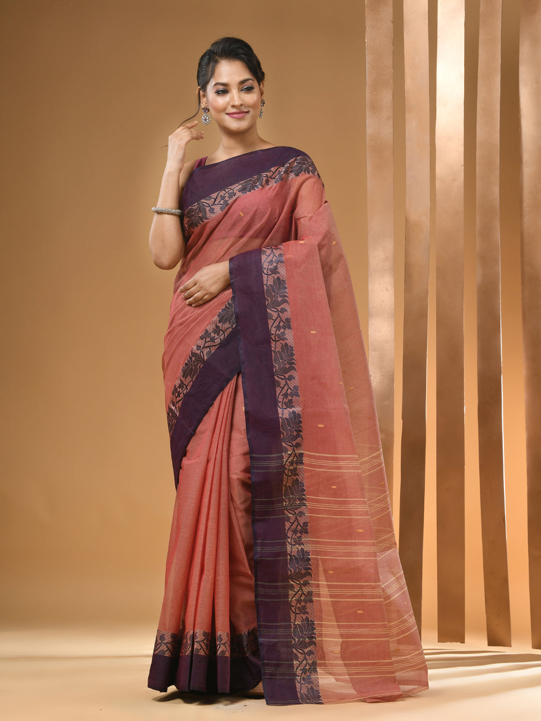 Blush Red Pure Cotton Tant Saree With Woven Designs