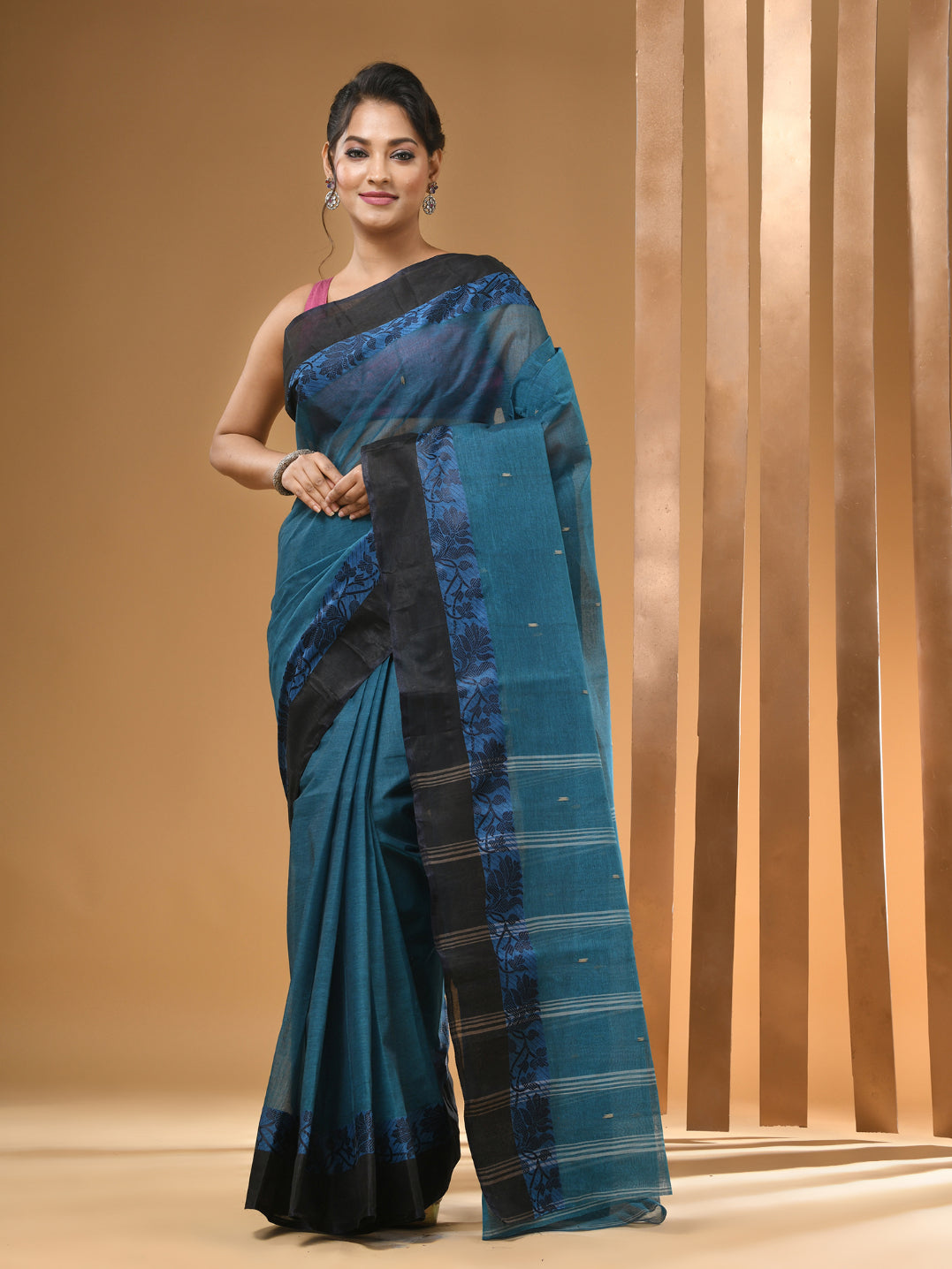 Teal Blue Pure Cotton Tant Saree With Woven Designs