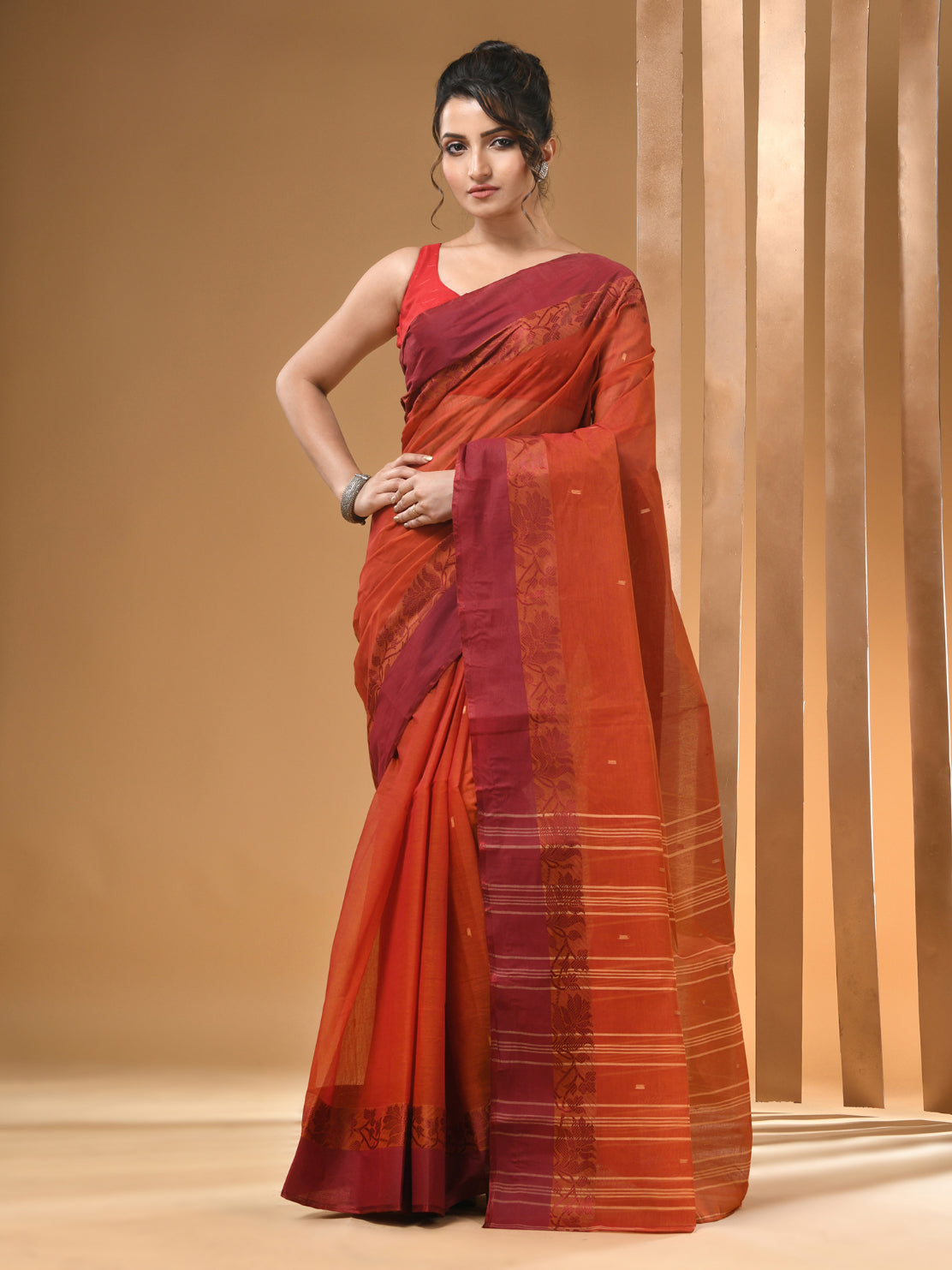 Rust Pure Cotton Tant Saree With Woven Designs