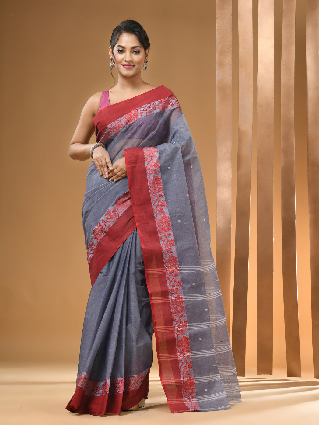 Grey Pure Cotton Tant Saree With Woven Designs