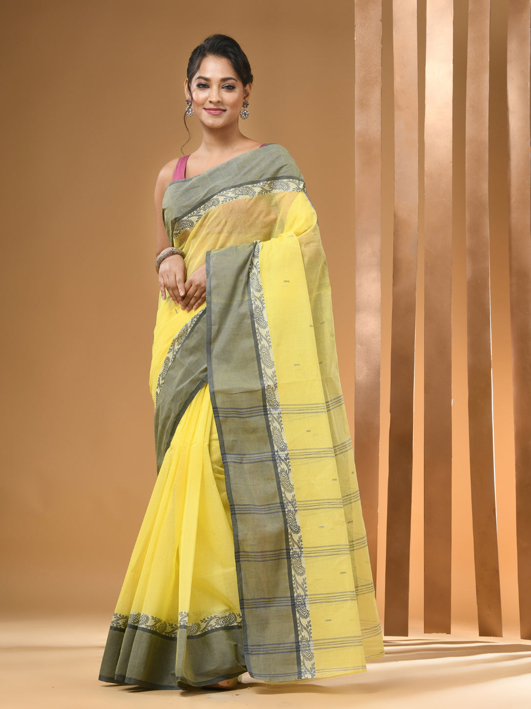 Lemon Yellow Pure Cotton Tant Saree With Woven Designs