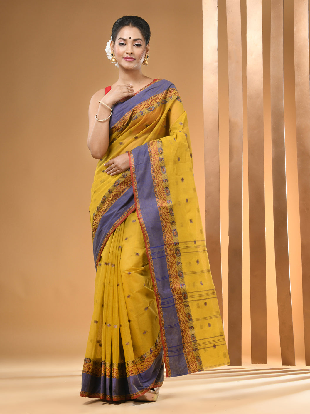 Amber Yellow Pure Cotton Tant Saree With Woven Designs