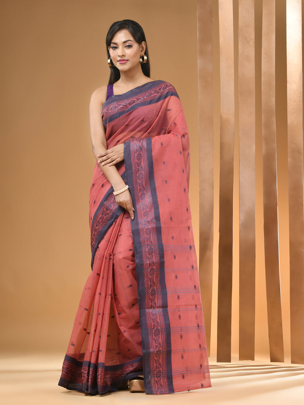 Salmon Red Pure Cotton Tant Saree With Woven Designs