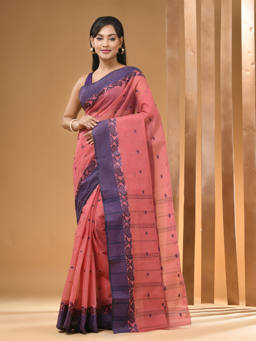 Salmon Red Pure Cotton Tant Saree With Woven Designs