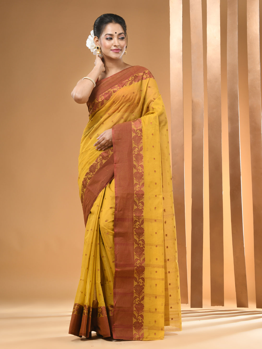 Yellow Pure Cotton Tant Saree With Woven Designs