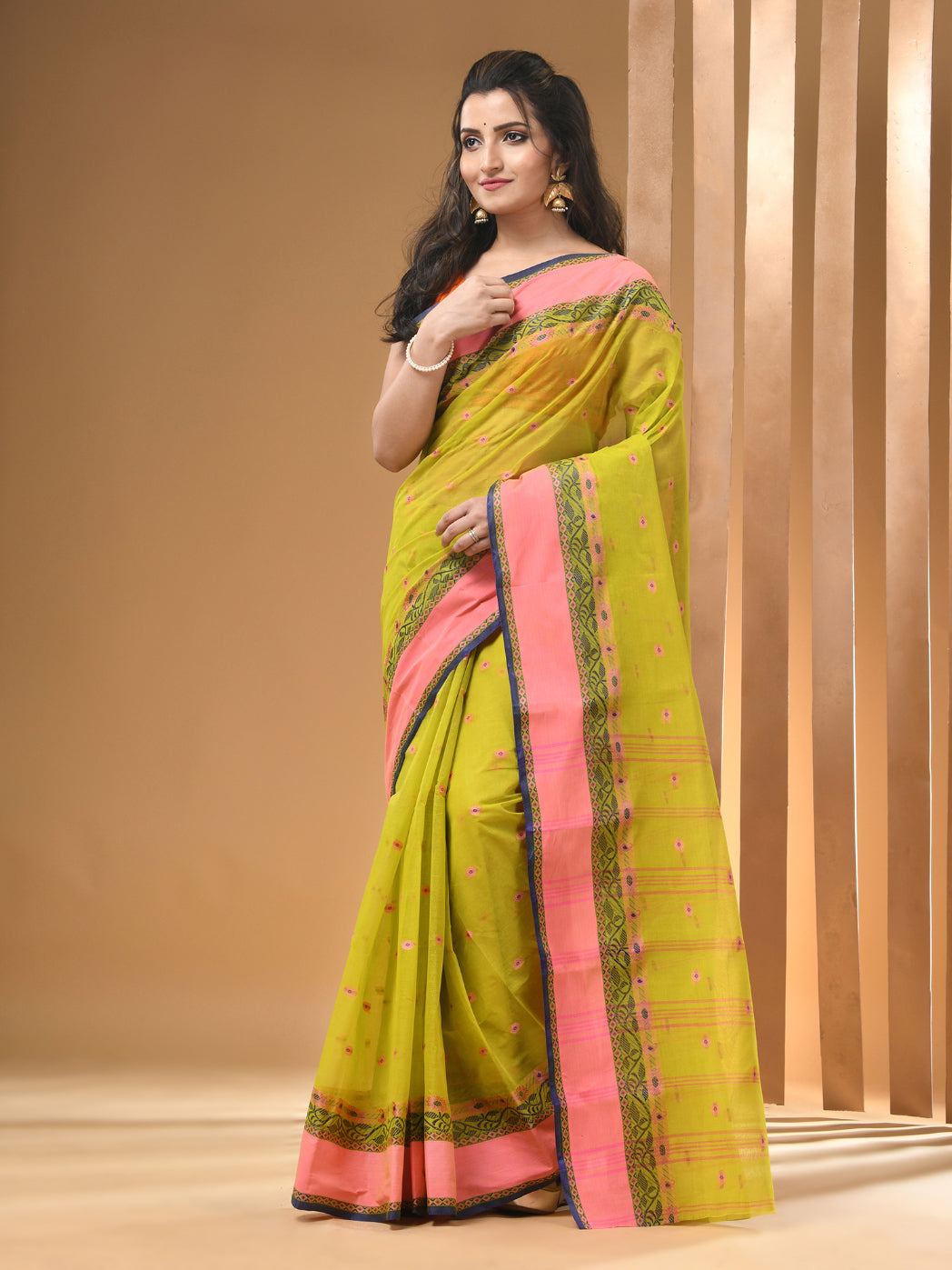 Lime Green Pure Cotton Tant Saree With Woven Designs