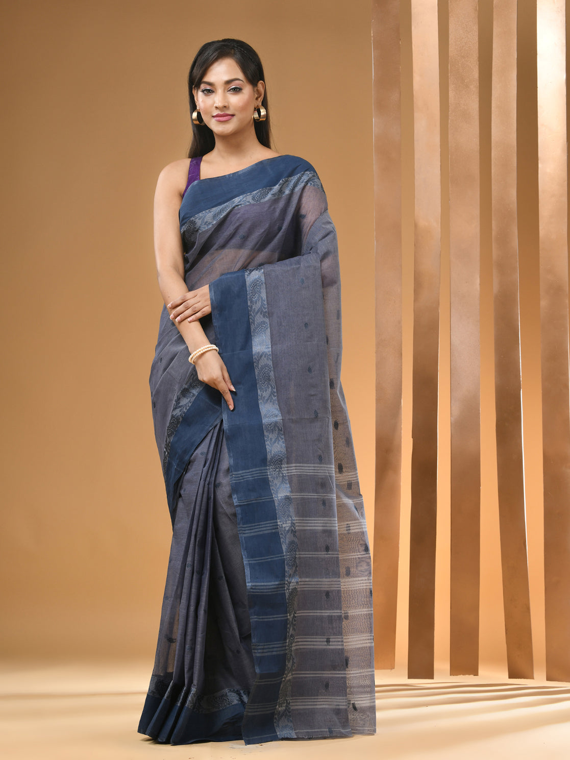 Bluish Grey Pure Cotton Tant Saree With Woven Designs