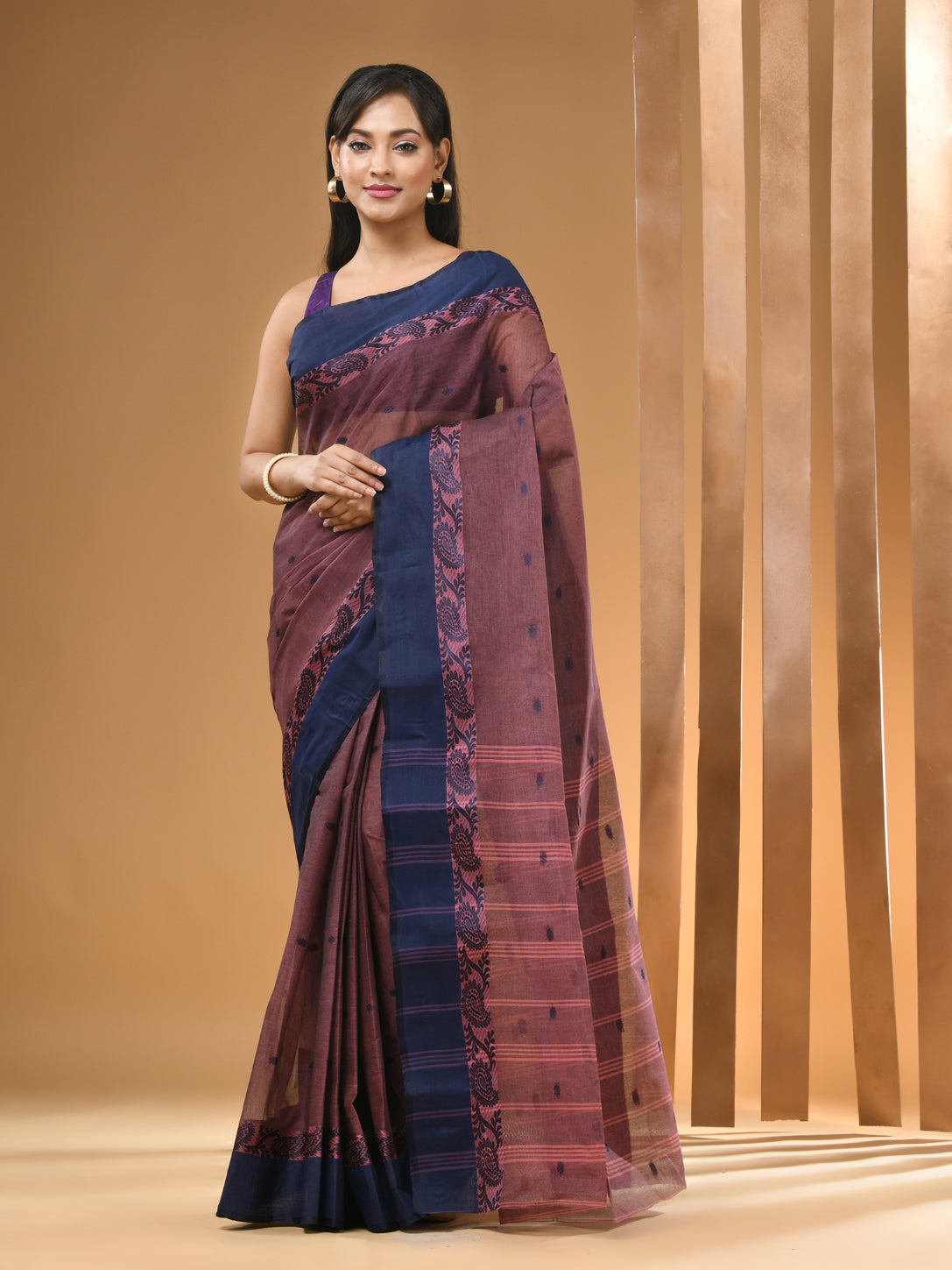 Brownish Red Pure Cotton Tant Saree With Woven Designs