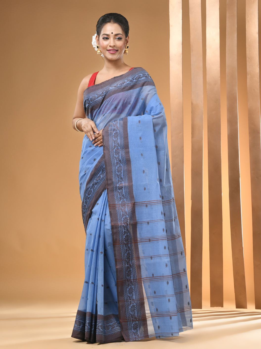 Neon Blue Pure Cotton Tant Saree With Woven Designs