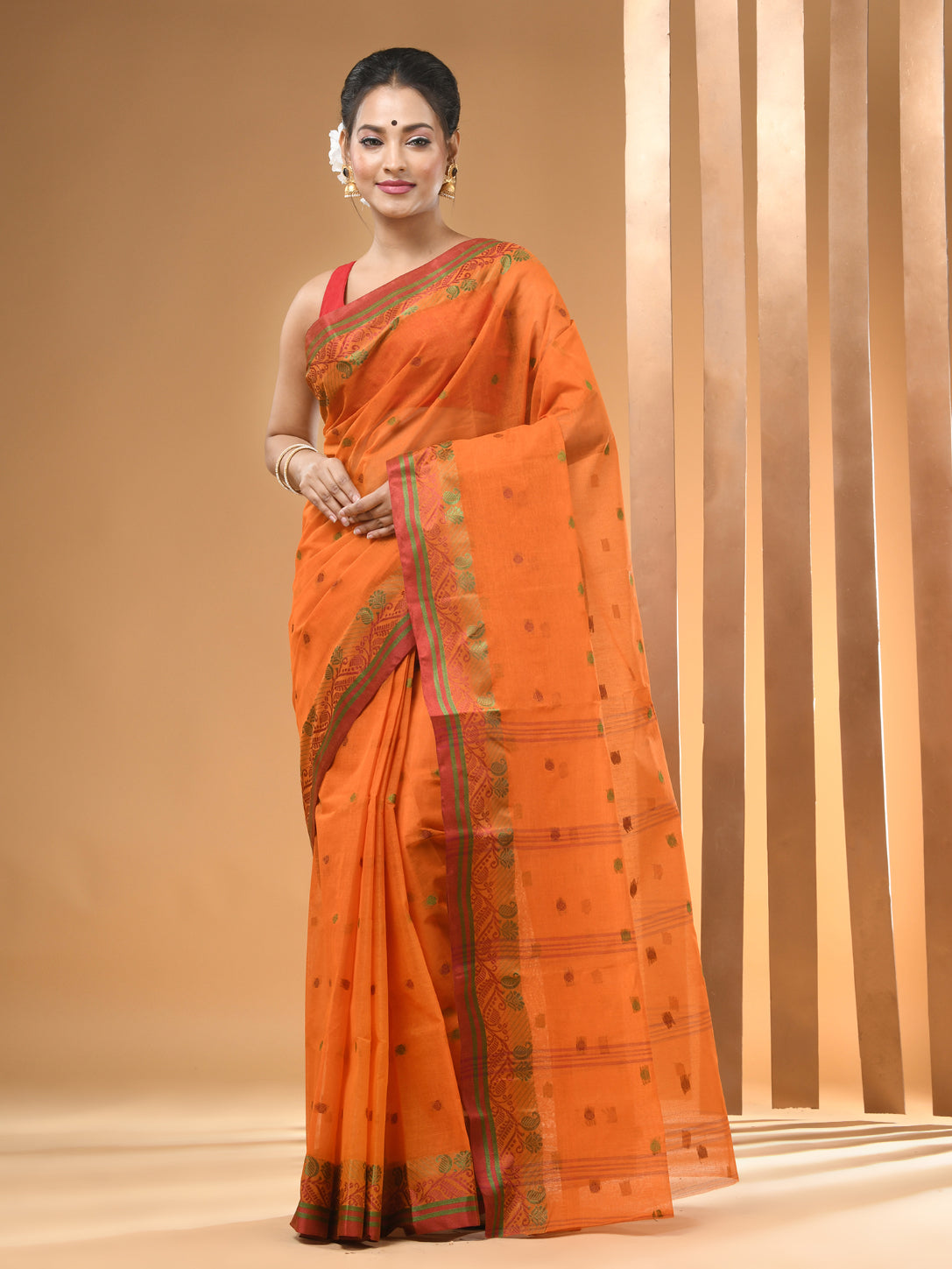 Orange Pure Cotton Tant Saree With Woven Designs