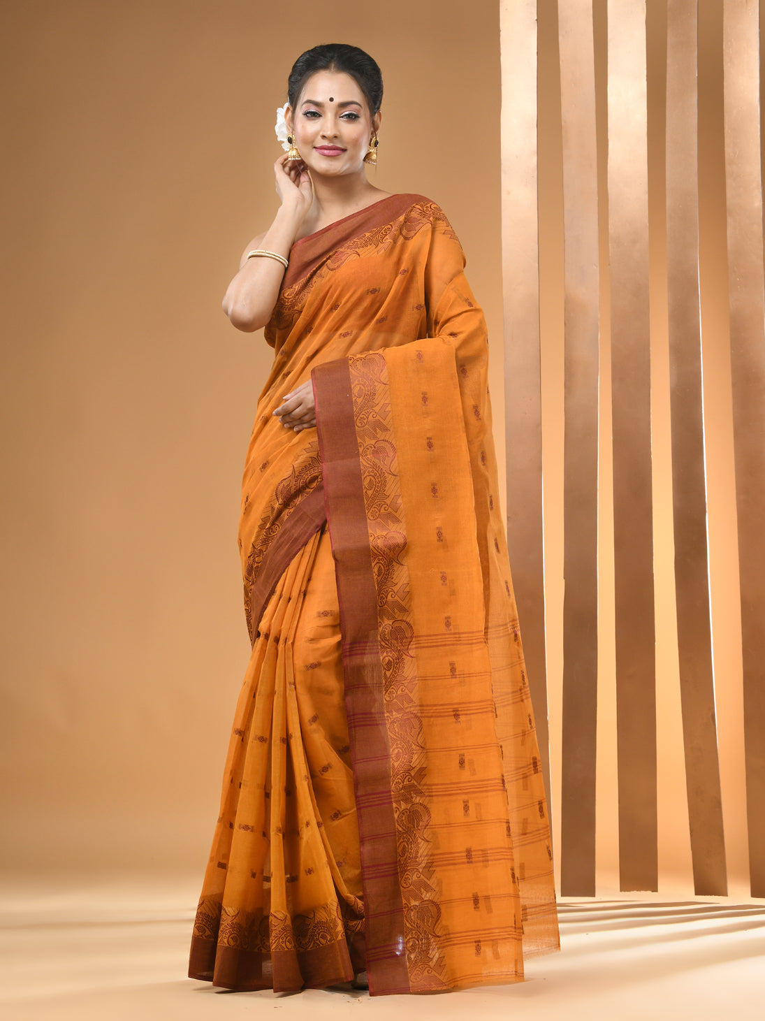 Fire Yellow Pure Cotton Tant Saree With Woven Designs