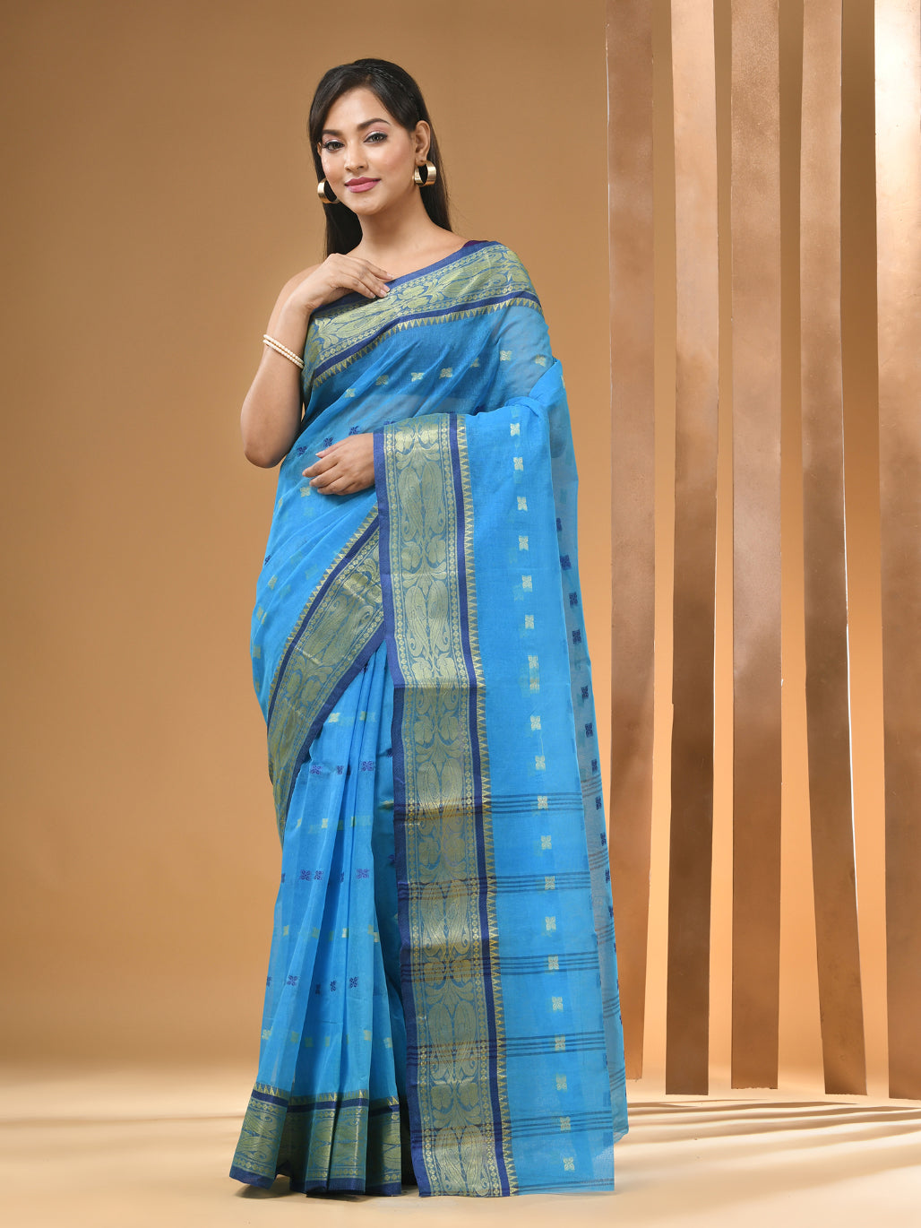 Sapphire Blue Pure Cotton Tant Saree With Woven Designs
