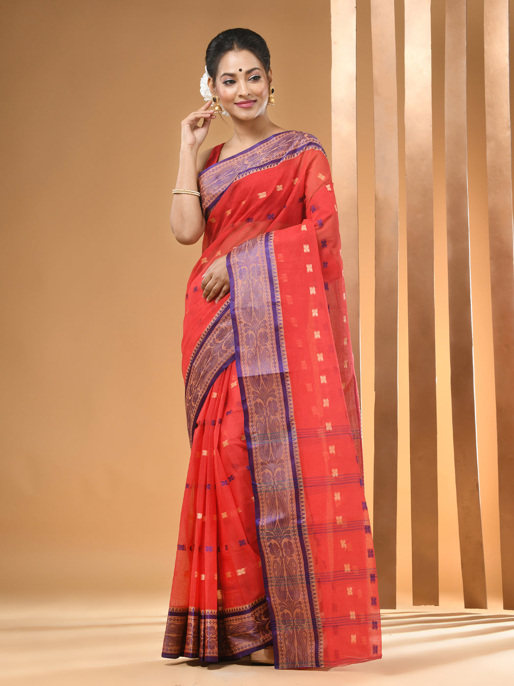 Red Pure Cotton Tant Saree With Woven Designs