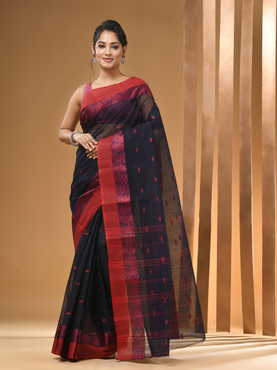 Navy Blue Pure Cotton Tant Saree With Woven Designs