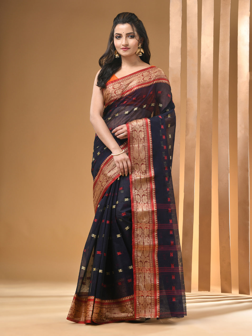 Navy Blue Pure Cotton Tant Saree With Woven Designs