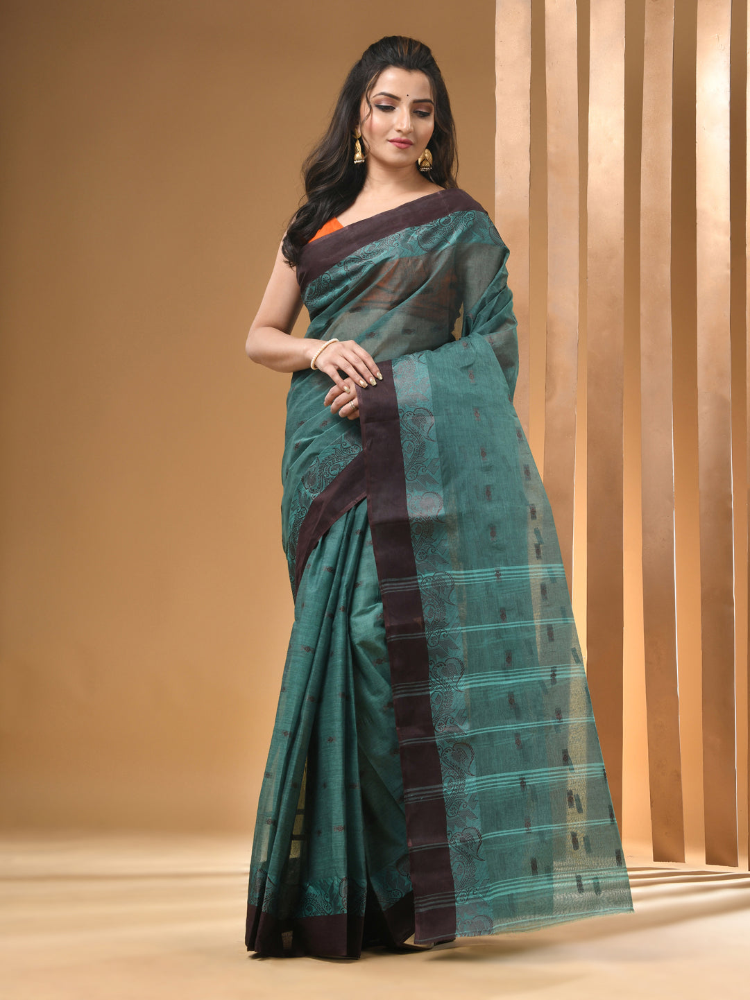 Teal Pure Cotton Tant Saree With Woven Designs