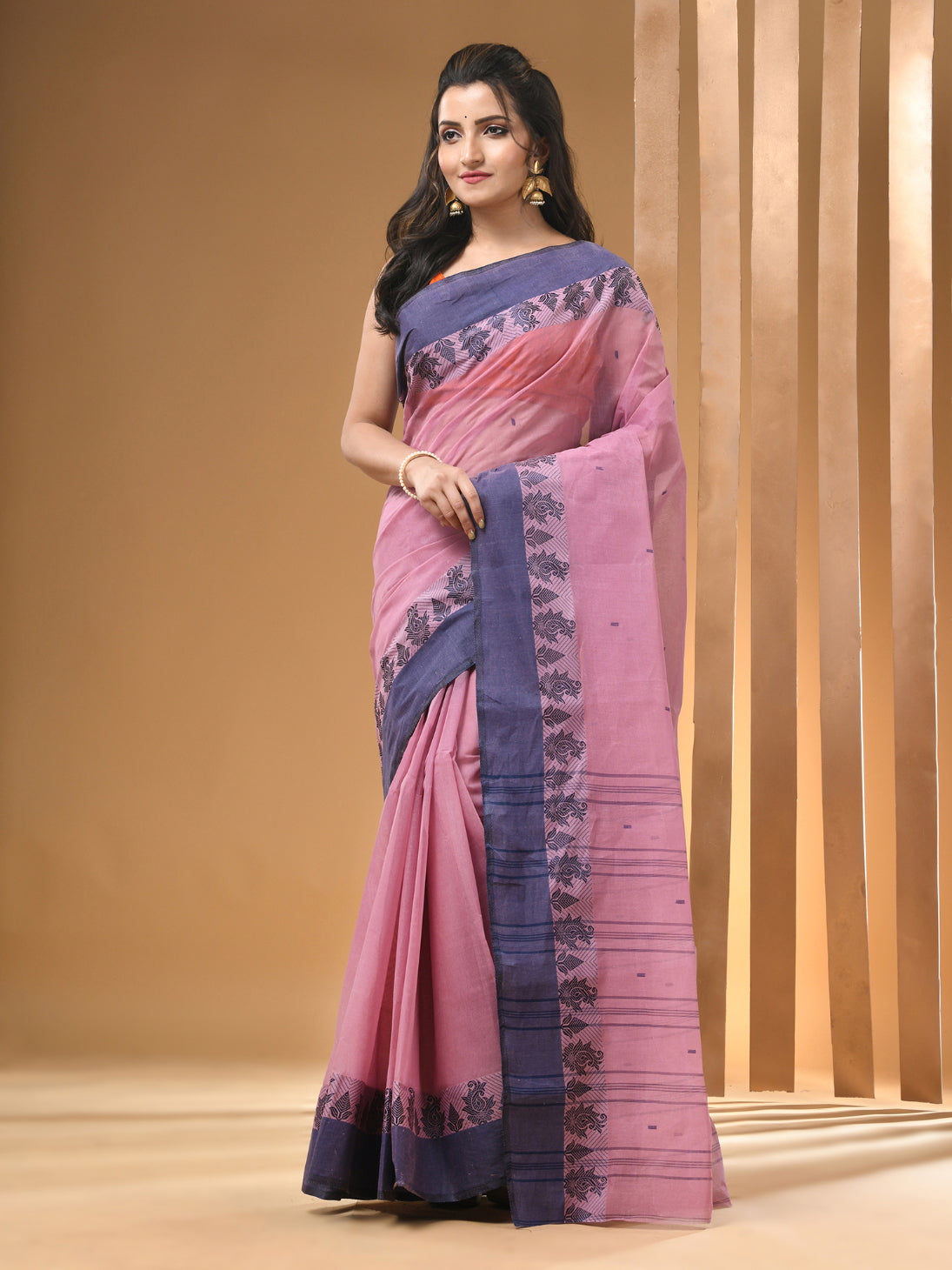 Lemonade Pink Pure Cotton Tant Saree With Woven Designs