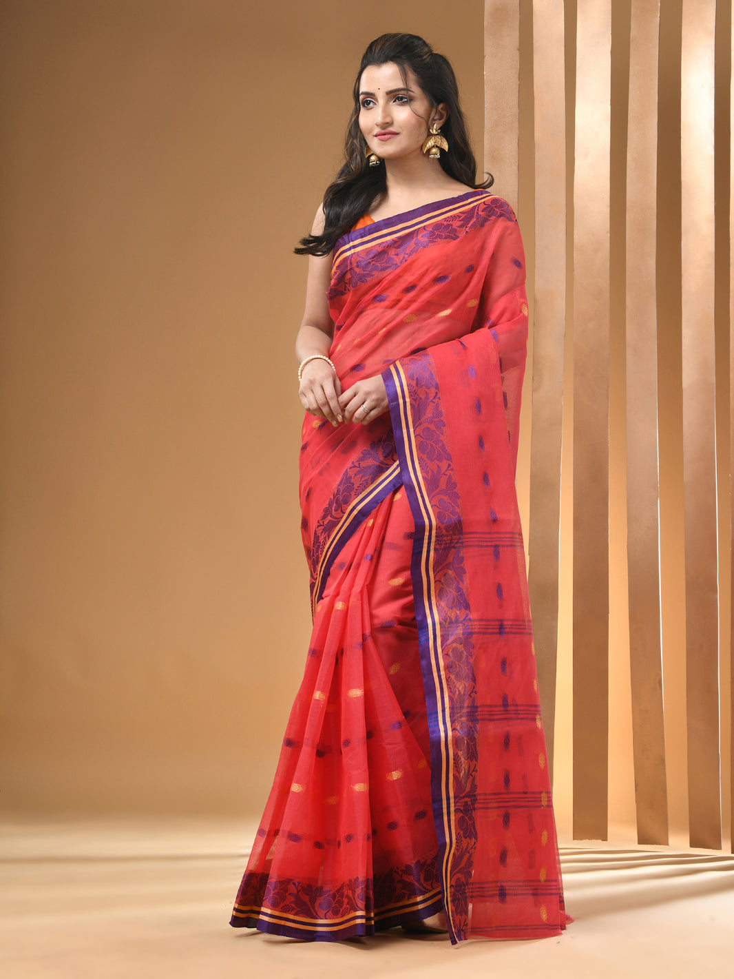 Pink Pure Cotton Tant Saree With Woven Designs