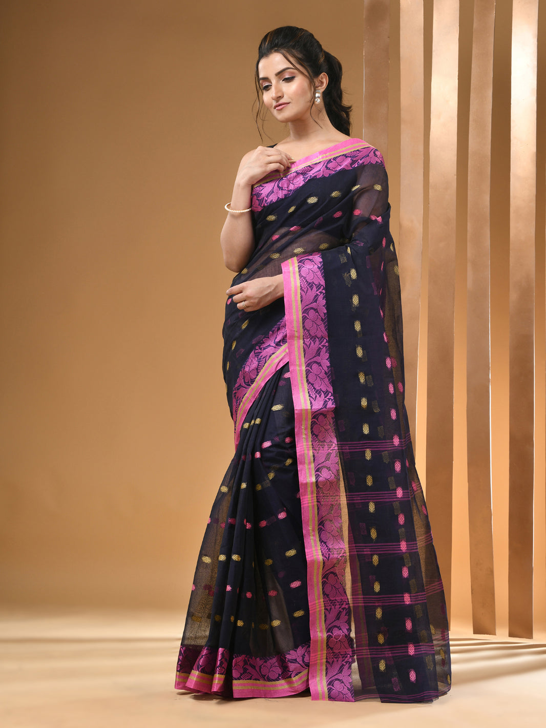 Blue Pure Cotton Tant Saree With Woven Designs