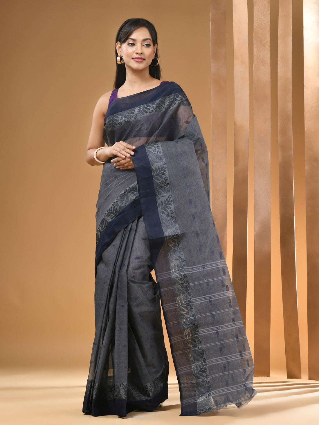 Grey Pure Cotton Tant Saree With Woven Designs