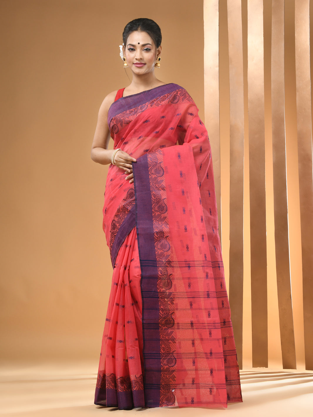 Pink Pure Cotton Tant Saree With Woven Designs