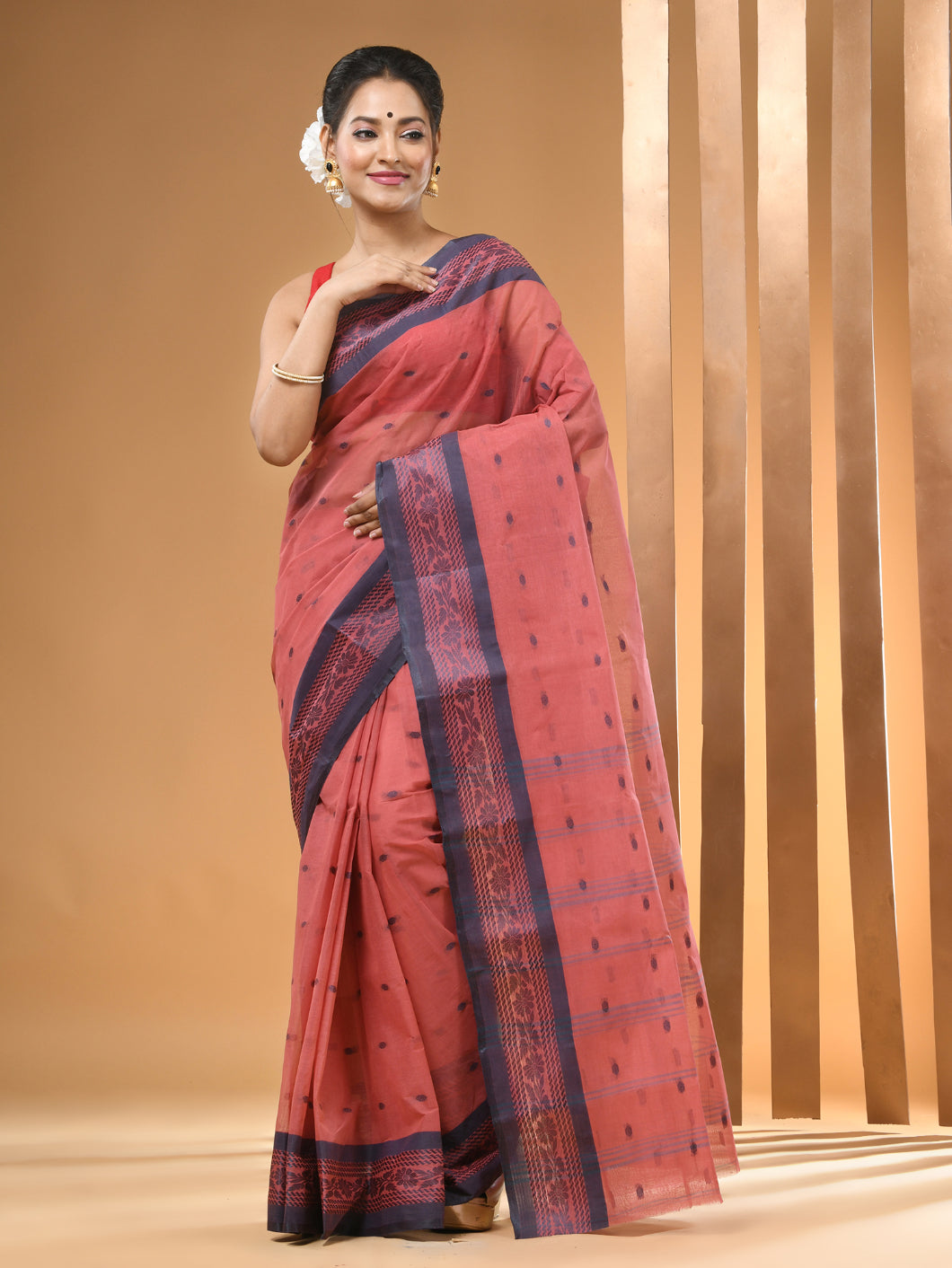 Flamingo Pink Pure Cotton Tant Saree With Woven Designs