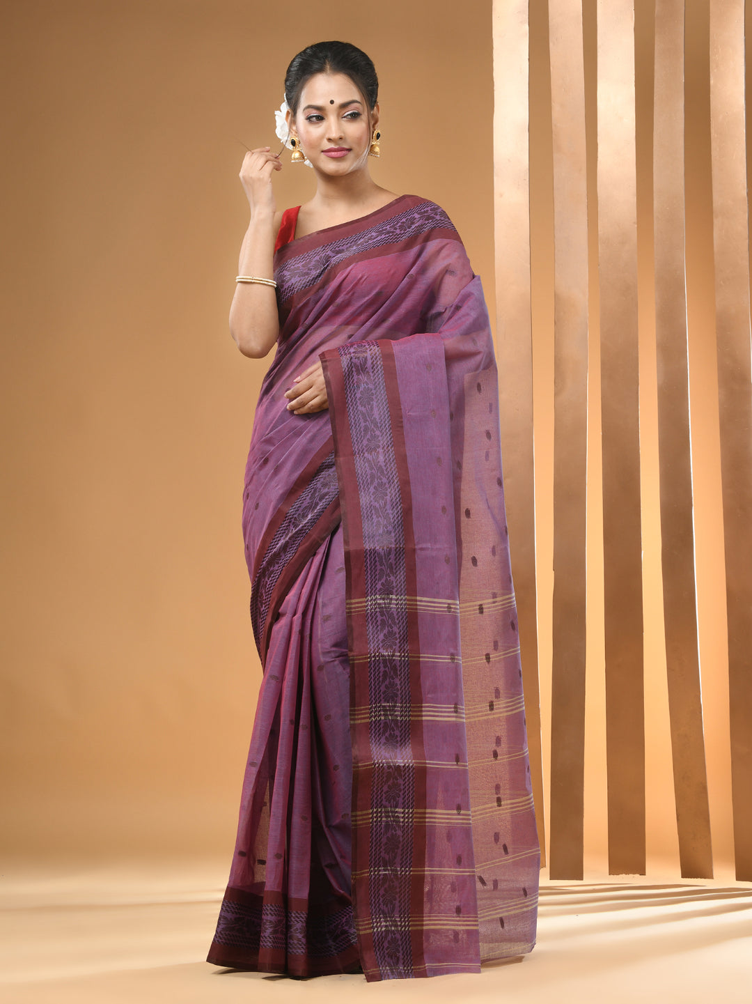 Violet Pure Cotton Tant Saree With Woven Designs