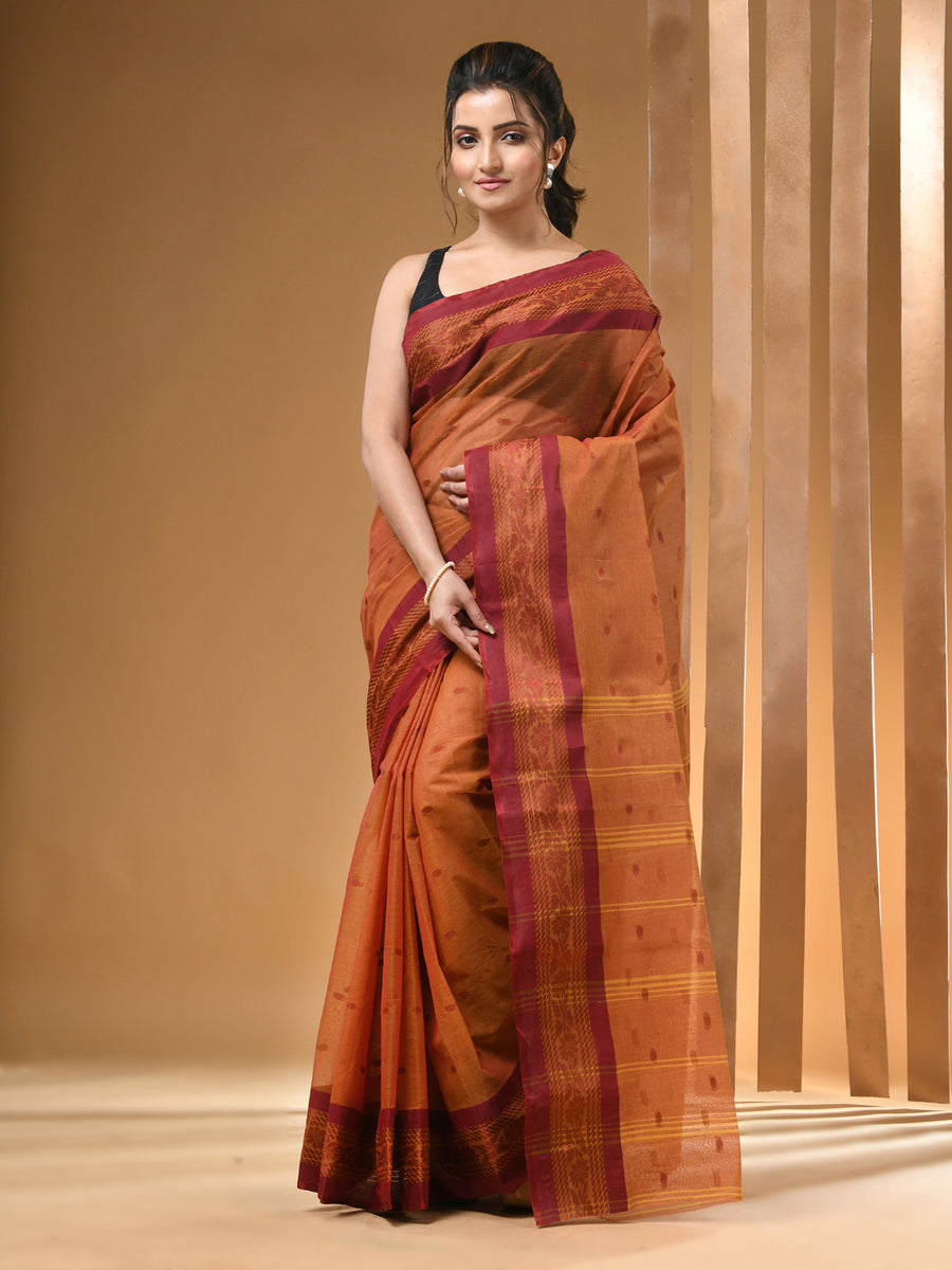 Brown Pure Cotton Tant Saree With Woven Designs – arhi.in