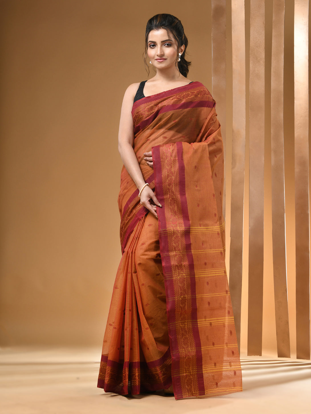 Brown Pure Cotton Tant Saree With Woven Designs