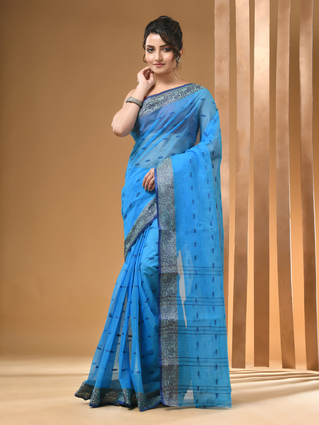 Sky Blue Pure Cotton Tant Saree With Woven Designs