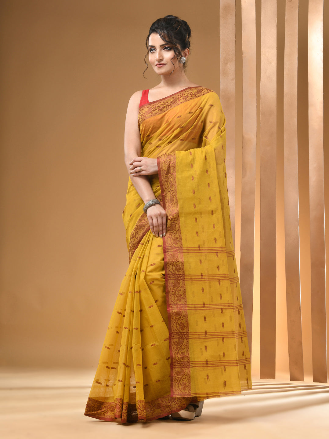 Mustard Pure Cotton Tant Saree With Woven Designs