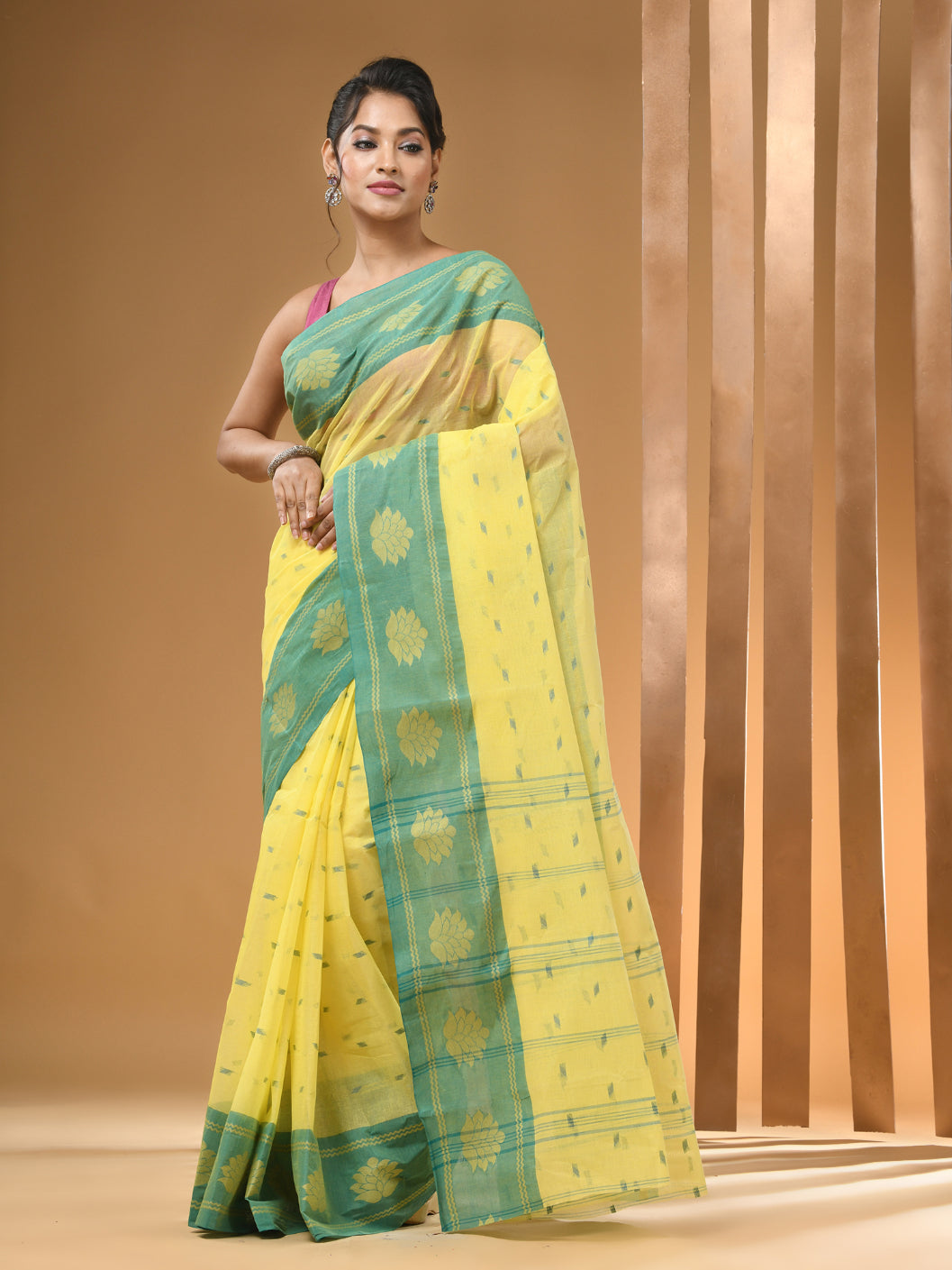 Lemon Yellow Pure Cotton Tant Saree With Woven Designs