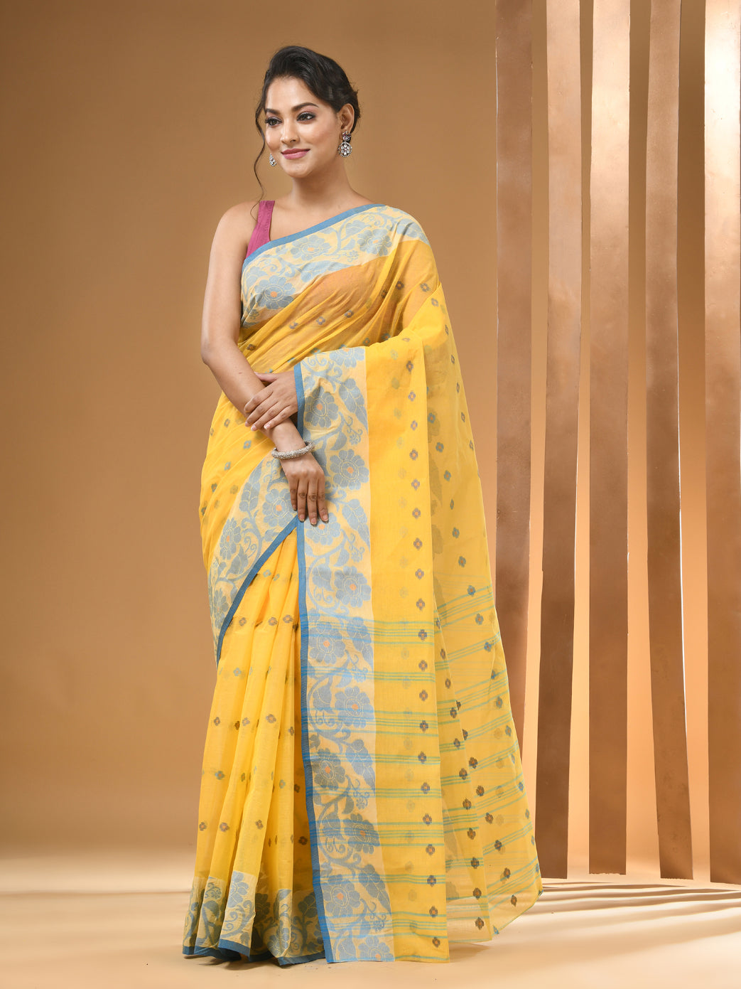 Bright Yellow Pure Cotton Tant Saree With Woven Designs