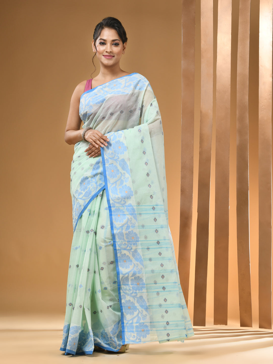 Mint Green Pure Cotton Tant Saree With Woven Designs